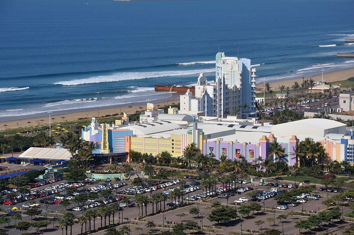 Suncoast Casino and Hotel in Stamford Hill suburb of Durban,  South Africa, as seen from the top of the Moses Mabhida Stadium, also in Stamford Hill suburb.