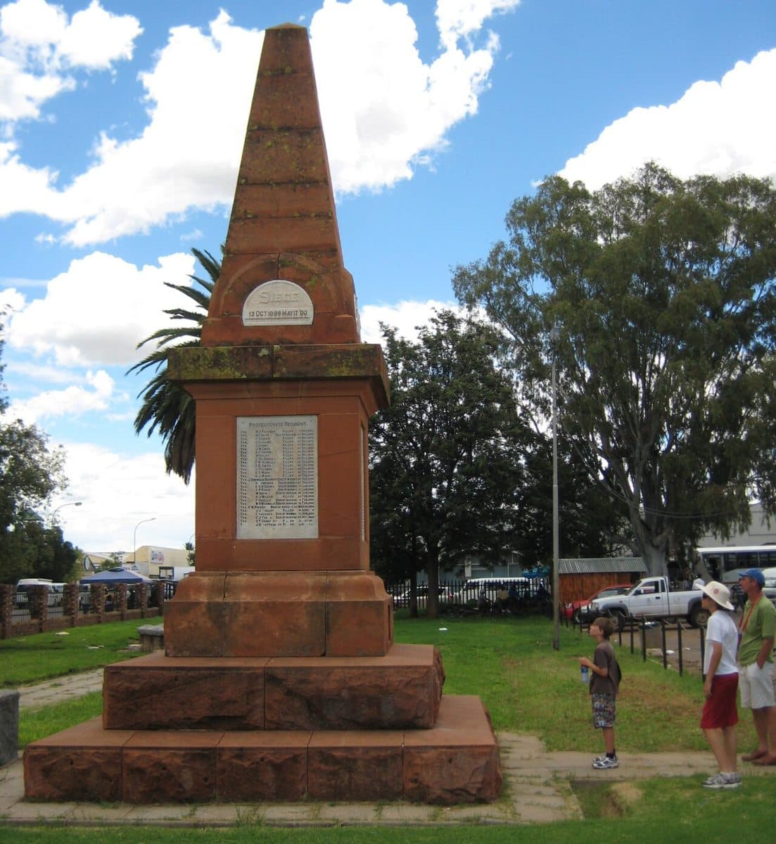 Obelisk commemorating British soldiers who died during the Siege of Mafeking. Located at Mafeking (now Mafikeng) Museum, 6 Martin Street, Mafikeng 2745, South Africa.