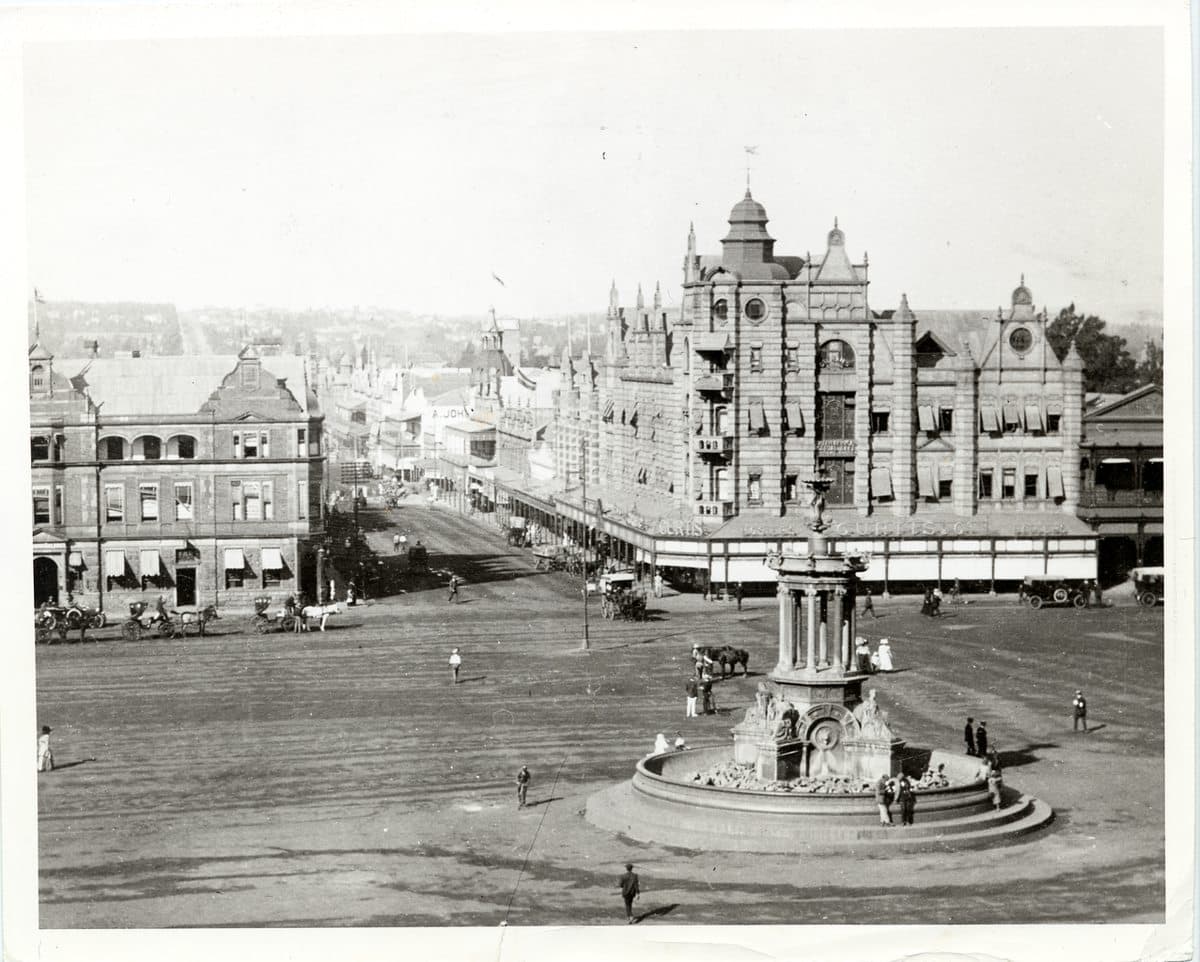This 1905 photograph shows Church Square in Pretoria, South Africa, looking east. The cast iron fountain, known as the Sammy Marks Fountain, was imported from Ireland by businessma